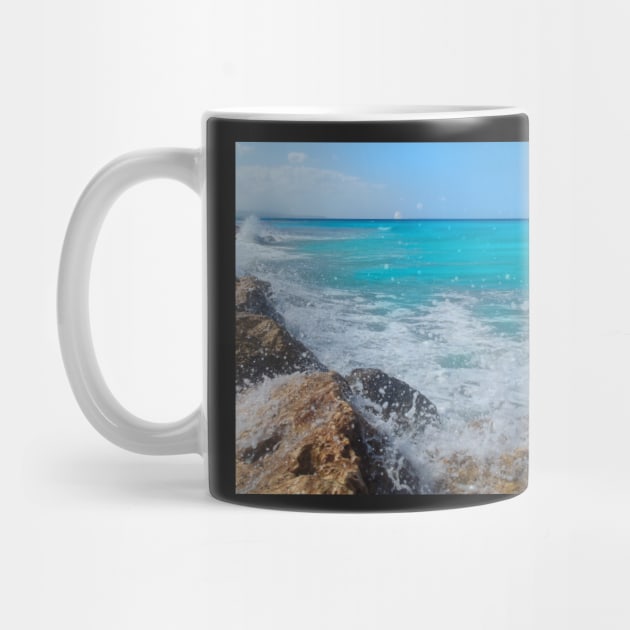 Rocky beach horizon, On the rocks, ocean waves surfing the rocks of a splashing dashing restless Caribbean Sea by Artonmytee